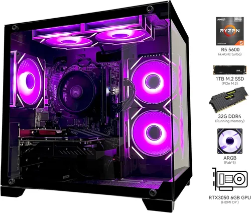 Miniatura 3 de SKYESEV Computadora de escritorio para juegos, AMD Ryzen 5 5600, RTX3050 6GB, 32GB DDR4 RAM y 1TB M.2 NVMe PCle, ventilador ARGB, WiFi, consola