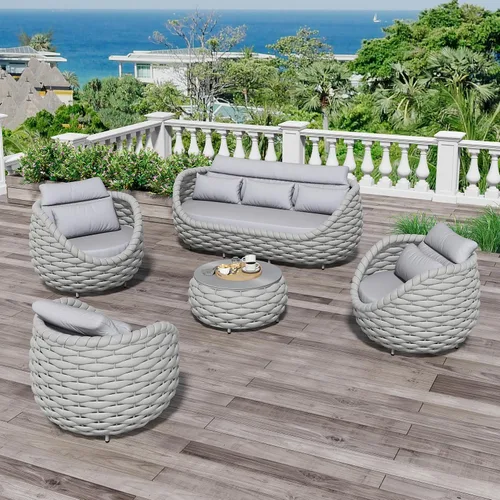 Miniatura 14 de Juego de muebles de patio de 4 piezas ensamblado, conjunto de sofá de conversación para exteriores de cuerda tejida a mano - Sofá de aluminio Cuerda