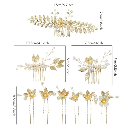 Miniatura 7 de inSowni Paquete de 21 peines laterales para el pelo de boda con hojas doradas y perlas en forma de U, accesorios para novias, damas de honor