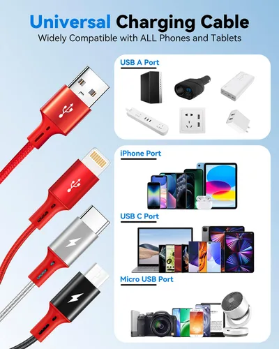 Miniatura 7 de Paquete de 2 cables de carga múltiple, 3 en 1, retráctil, cable de carga rápida, cargador USB C con Lightning/Micro/Tipo C para iPhone, iPad, Rojo