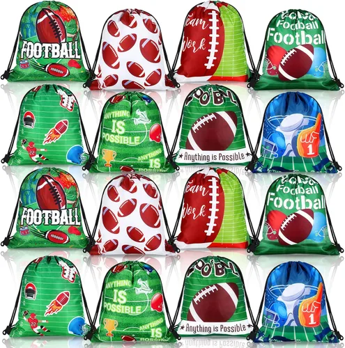 Woanger 16 bolsas de fiesta de fútbol, 8 estilos con cordón, bolsas de regalo de fútbol con estampado de tela, dulces, aperitivos, mochilas,