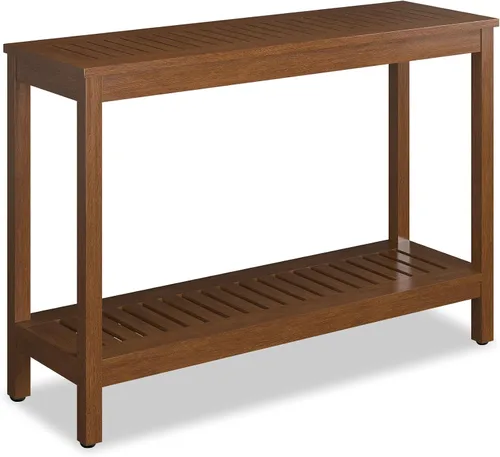 DTY Outdoor Living Mesa consola de madera de eucalipto, dos estantes para exteriores, acabado marrón resistente a la intemperie