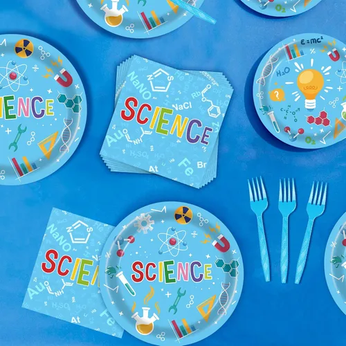 Miniatura 7 de Platos de cumpleaños de ciencia de 96 piezas, suministros y decoraciones para fiestas de ciencia