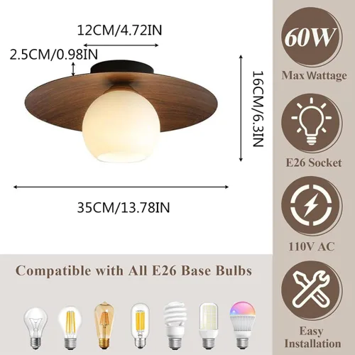 Miniatura 7 de Lámpara de techo minimalista moderna de globo de vidrio blanco redondo con veta de nuez, lámpara de techo semiempotrada con veta de madera nórdica