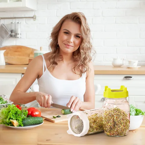 Miniatura 6 de Tapa de brote de plástico con pantalla de acero inoxidable para tarros de masón de boca ancha, kit de germinación con soporte para bandeja de agua