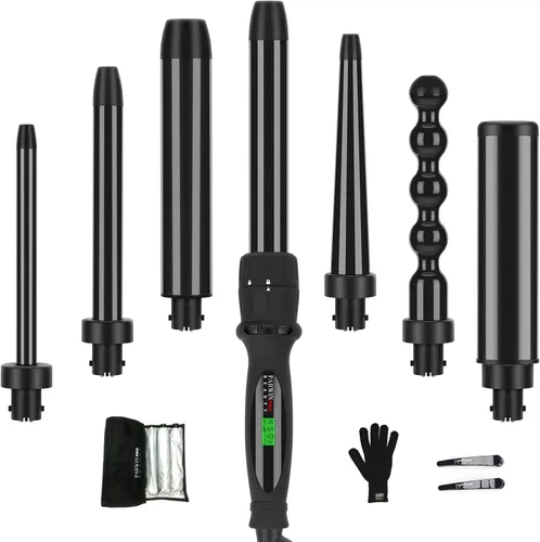 Diamante Turmalina cerámica PARWIN Pro Black 7-en-1 Rolo Hierro, visualización LCD Guante protector de calor y bolsa de viaje, 7 barriles Negro