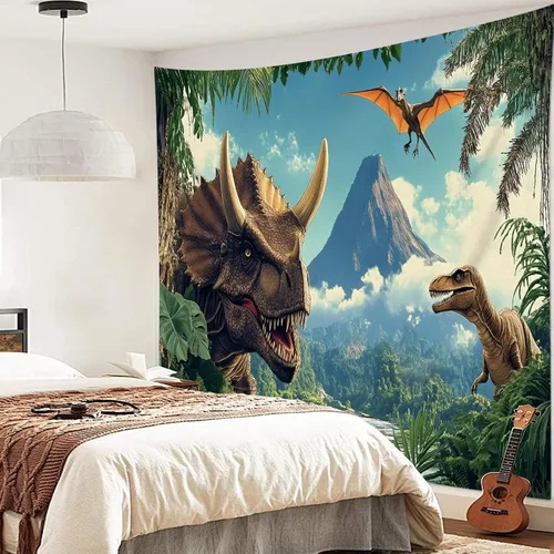 Miniatura 10 de HVEST Tapiz de dinosaurio salvaje y antiguo depredador para colgar en la pared, bosque tropical con árboles verdes y montañas, tapices de pared