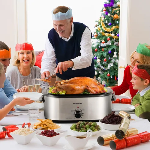 Miniatura 8 de Horno rostizador eléctrico, con tapa y autohumectante, con descongelado y mantenimiento de calor, temperatura ajustable, bandeja y rejilla plateado