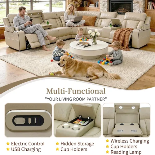 Miniatura 4 de Juego de sofá modular reclinable eléctrico con LED, juegos de muebles de sala de estar, sofá reclinable de cuero para sala de estar/cine en casa