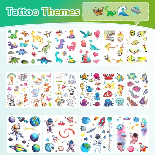 Miniatura 2 de Más de 150 tatuajes temporales con purpurina para niños, envueltos individualmente, calcomanías de tatuaje impermeables, sirena, dinosaurio, animal