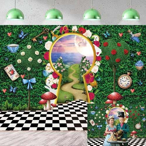 Telón de fondo para fotografía del país de las maravillas para decoración de fiesta de té, 8 x 6 pies, cuento de hadas, castillo, conejo, hoja