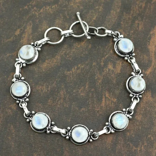 Miniatura 52 de Round Shape Natural & Synthetic Gemstones Silver Plated Bracelets for Women - Vintage Bohemian Style Handmade Birthstone Adjustable Link Bracelet