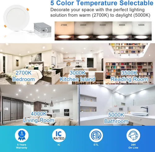 Miniatura 3 de Paquete de 40 luces LED empotrables ultrafinas de 4 pulgadas con caja de conexiones -5CCT 2700K/3000K/3500K/4000K/5000K seleccionables, 9W 720LM