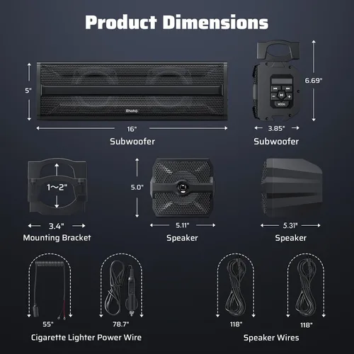 Miniatura 7 de Ehaho Barra de sonido estéreo UTV de 2.1 canales (subwoofer) y altavoces, barra de sonido Bluetooth ATV de 16 pulgadas con luces RGB, altavoces