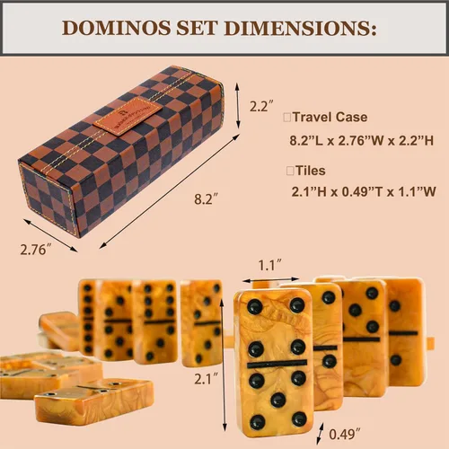 Miniatura 3 de Juego de dominó Vovotuzzi para adultos, dominó grueso, juego de dominó doble 6 para adultos y niños, 28 fichas de mármol dorado en estuche de cuero