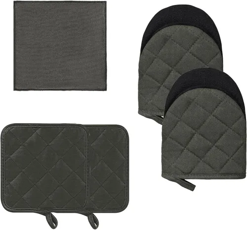 Juego de 5 manoplas de cocina, juego de 5 manoplas de horno, juego de almohadillas y toallas, mini guantes de cocina de silicona resistentes al Gris