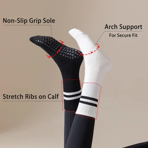 Miniatura 7 de Lacholin 3 pares de calcetines de yoga y pilates con empuñaduras para mujer, calcetines de algodón antideslizantes para barras, ballet, danza