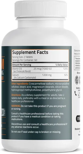 Miniatura 2 de Bronson Calcio 1200 mg por porción más vitamina D3 1000 UI fórmula de alta potencia, sin OMG, 120 tabletas