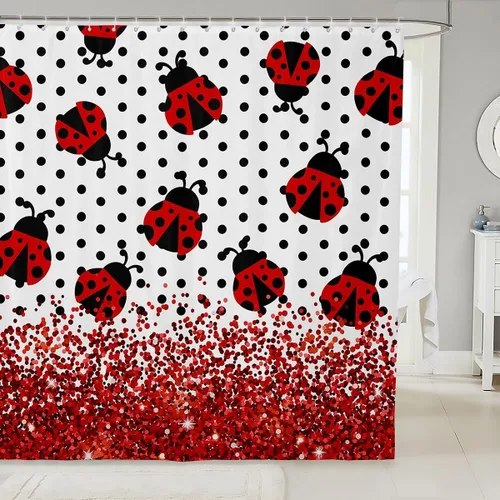 Miniatura 28 de Manfei Cortinas de ducha para niños con lazo de dibujos animados, diseño de mariquita, escarabajo, insecto, niñas, niños, cortinas impermeables