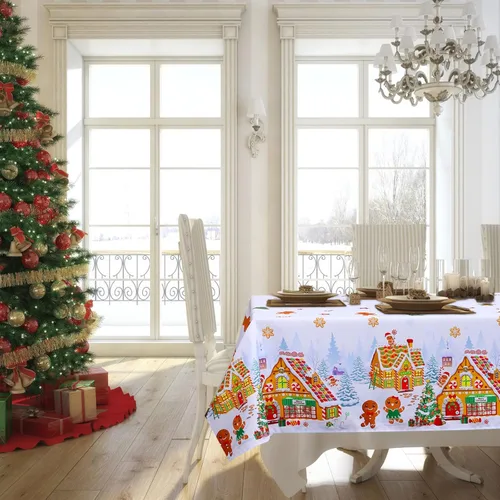 Miniatura 6 de Tiamon Mantel de Navidad de Jengibre de 60 x 104 Pulgadas, Mantel Rectángulo Reutilizable de Hombre de Jengibre, Cubierta de Mesa de Árbol