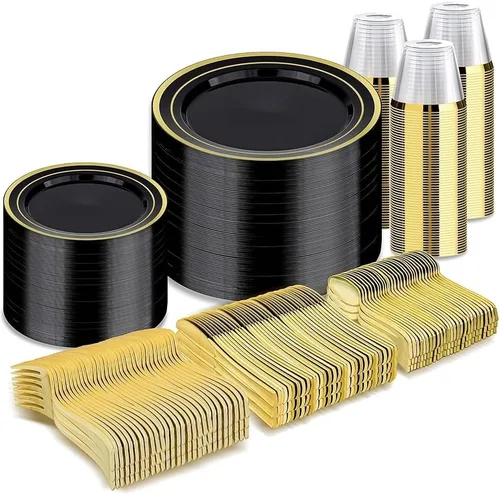 Miniatura 13 de BESTVIP Juego de vajilla de 300 piezas de oro negro para 50 invitados, platos de plástico para fiesta de Halloween y Navidad, 50 platos desechables