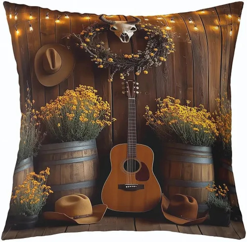 Miniatura 14 de Castle Fairy Cowboy Boots Throw Pillow Cover 16"x16" Bohemia Musical Guitar Pillowcase Western Rustic Cowgirl Reversible Print Cushion Cover Music