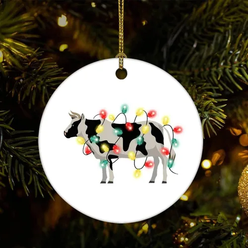 Adornos para árbol de Navidad, animales y luces, adorno de Navidad de vaca, adorno de recuerdo, decoración del hogar, colgantes colgantes redondos