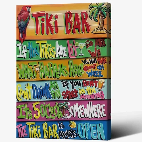 Miniatura 31 de Póster de decoración de bar Tiki con texto en inglés "Don't Worry, Be Happy Parroth", póster hawaiano para decoración del hogar, adecuado para Multi