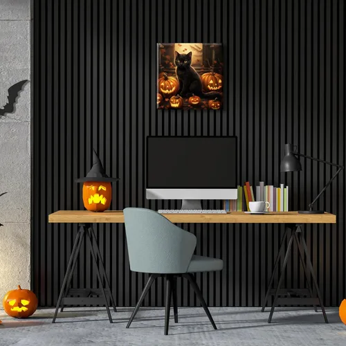 Miniatura 3 de YONICA Lienzo decorativo de Halloween para pared de sala de estar, decoración del hogar, calabaza de Halloween y gato negro sobre lienzo, obra