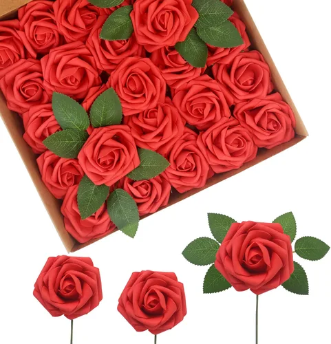 Miniatura 27 de Flores Artificiales Rosas Realistas, 50 piezas de rosas falsas con tallo de aspecto real para ramos de boda DIY, centros de mesa, despedida