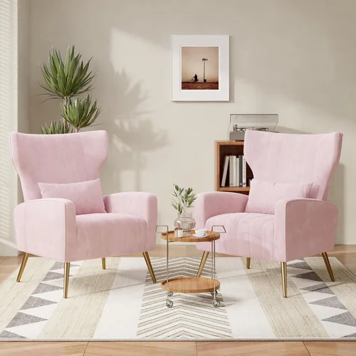 Miniatura 27 de Nebuaegis Silla decorativa de terciopelo con respaldo alado para sala de estar, sillón de respaldo alto con patas doradas, almohada lumbar, sofá