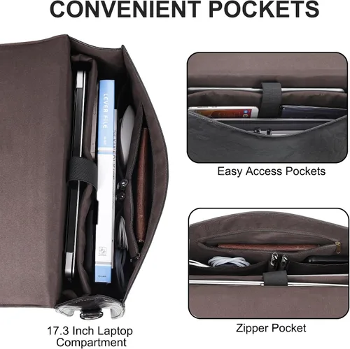 Miniatura 3 de ESTARER Maletín de cuero para hombre de 17.3 pulgadas, bolsa de mensajero para computadora portátil, resistente al agua, para trabajo, oficina, Negro