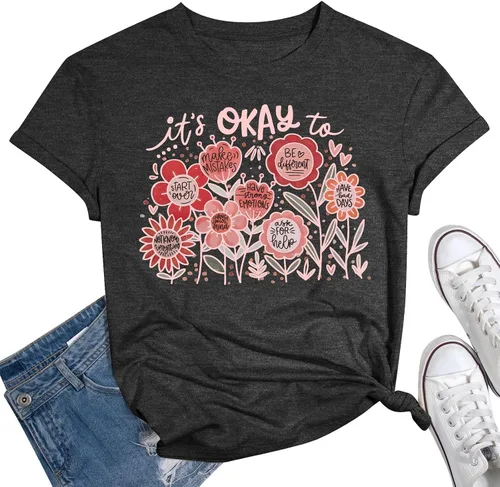 Camisetas de profesor para mujer, camiseta con texto en inglés "Be Kindness", camisetas de salud mental, camiseta bohemia con gráficos florales