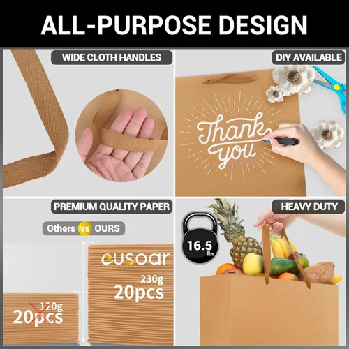 Miniatura 3 de EUSOAR Bolsas grandes para envolver regalo a granel, 20 bolsas de papel kraft de 12.5 x 4.5 x 11 pulgadas con asas, bolsas de envoltura