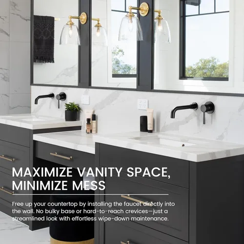 Miniatura 5 de Grifo de lavabo de baño, grifo de baño montado en la pared, color negro mate, grifo mezclador giratorio con válvula