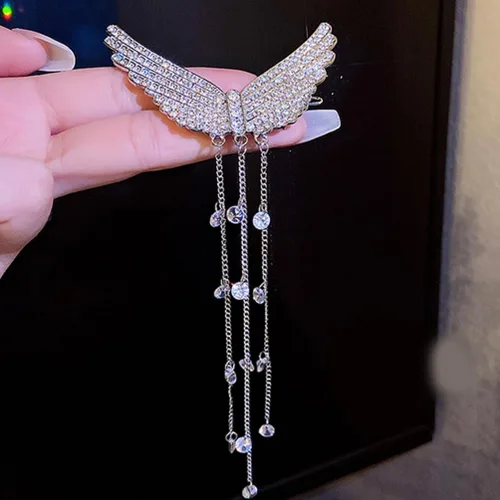 Miniatura 4 de Lurrose Pinza para el cabello con borlas con tachuelas de diamantes de imitación, alfiler de ala de ángel plateado, 5.70 pulgadas, accesorio