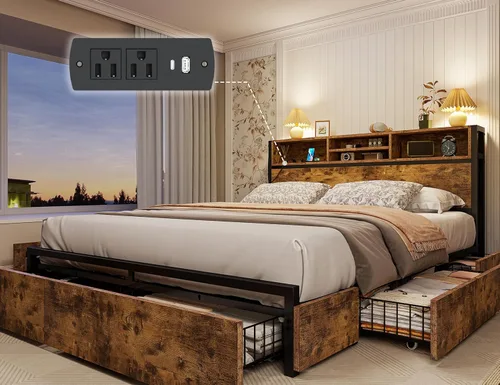 Miniatura 11 de EnHomee Base de cama de tamaño matrimonial con 6 cajones de almacenamiento, cabecera y estación de carga, cama de plataforma de metal sin ruido,