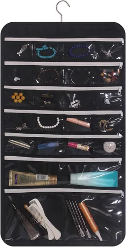 DIOMMELL Organizador de joyería colgante con 47 bolsillos con cremallera para aretes, collar, pulsera, anillo, bolsa de almacenamiento para