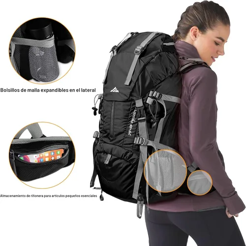 Miniatura 5 de Mochila Loowoko de 50 l para senderismo, impermeable, con cubierta para la lluvia, mochila esencial para acampar, mochila ligera de 45 + 5 litros