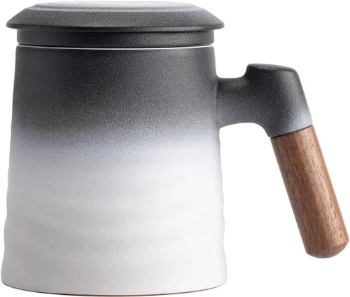 Miniatura 9 de ZENS Taza de Té de Cerámica en Relieve con Infusor y Tapa, 14.5 oz, Asa de Madera, Tazas Infusoras de Té de Hojas Sueltas y Colador para Regalos