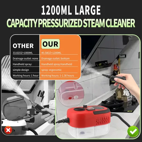 Miniatura 3 de Limpiador a vapor, vaporizador de mano para limpieza con 3 cabezales de cepillo, 6 velocidades de alta presión temperatura limpiador de vapor