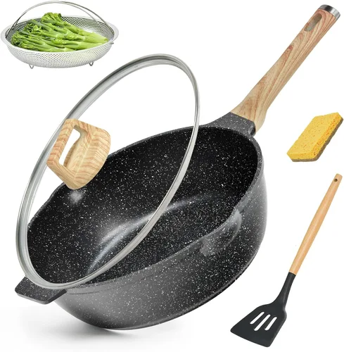 Miniatura 8 de Sartén antiadherente de 12 pulgadas con tapa y espátula, sartén jumbo de 6 cuartos de galón con boquilla de vertido, wok de chef de granito