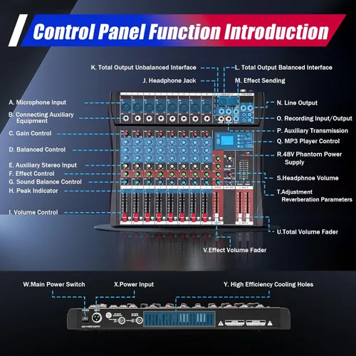 Miniatura 6 de DNYSYSJ Profesional DX8 Canal Negro Bluetooth Live Studio Audio Mixer Consola de Mezcla USB para Bar KTV Ajustar la atmósfera de la música