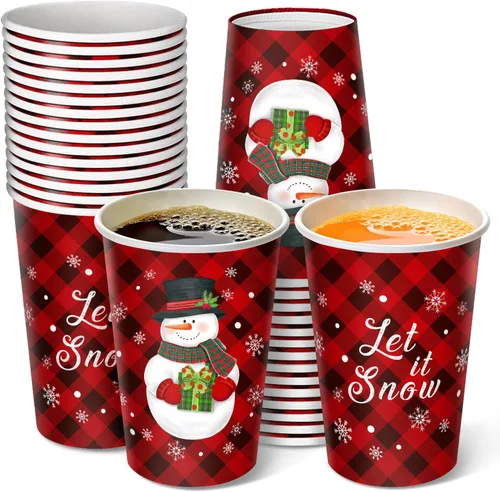 CIOEY Vasos de papel desechables de Navidad, diseño de muñeco de nieve rojo y negro, diseño de búfalo para Feliz Navidad, decoraciones de fiesta de