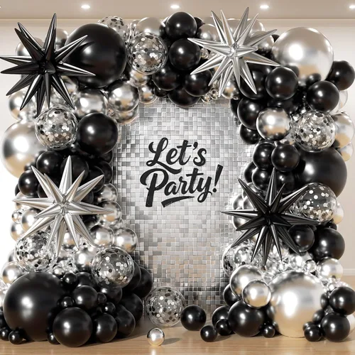 Kit de arco de guirnalda de globos negros y plateados de 153 unidades con estrellas - 22 18 12 10 5 pulgadas de diferentes tamaños, globos de látex