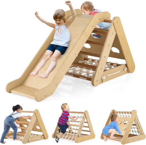 Miniatura 14 de HONEY JOY Arco de escalera de madera para escalar, escalera de escalada para niños 3 en 1 y tabla de columpio con almohadilla acolchada, juego