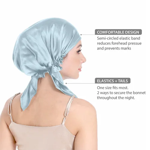 Miniatura 2 de SissiLita Gorro de seda 100% para dormir, gorro de seda grande con banda de amarre para el cuidado del cabello rizado (azul)