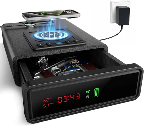 XDeer Caja fuerte biométrica para pistola con carga inalámbrica, caja fuerte de acceso rápido para pistolas de huellas dactilares, funda de pistola