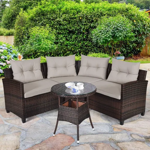 Miniatura 3 de Tangkula - Juego de muebles de patio de 4 piezas en forma de C de mimbre para exteriores, con cojines y mesa de centro con cubierta de cristal