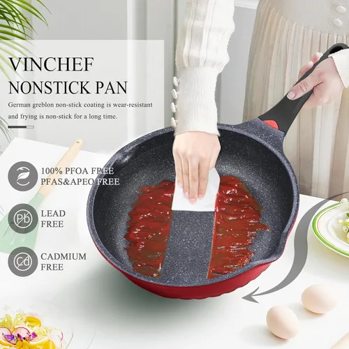 Miniatura 5 de Vinchef Sartén antiadherente con tapa, sartén de aluminio de 11 pulgadas/5 cuartos de galón con tapa e indicador de calor, sartén profunda